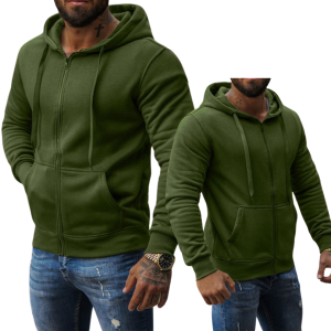 KHAKI BLUZA MĘSKA Z KAPTUREM ORAZ ZAPINANA NA ZAMEK - KIESZEŃ KANGUREK